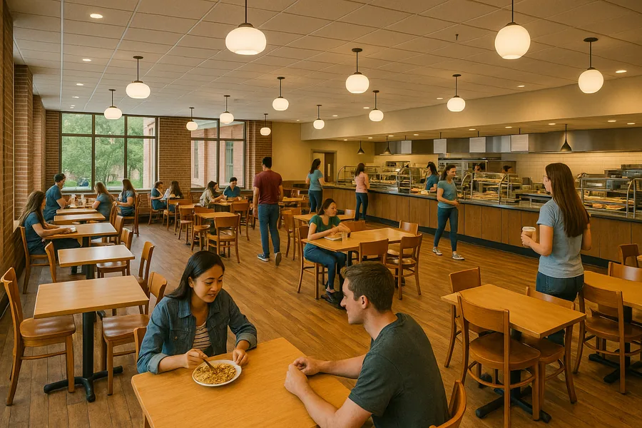 Students studying in a campus dining area